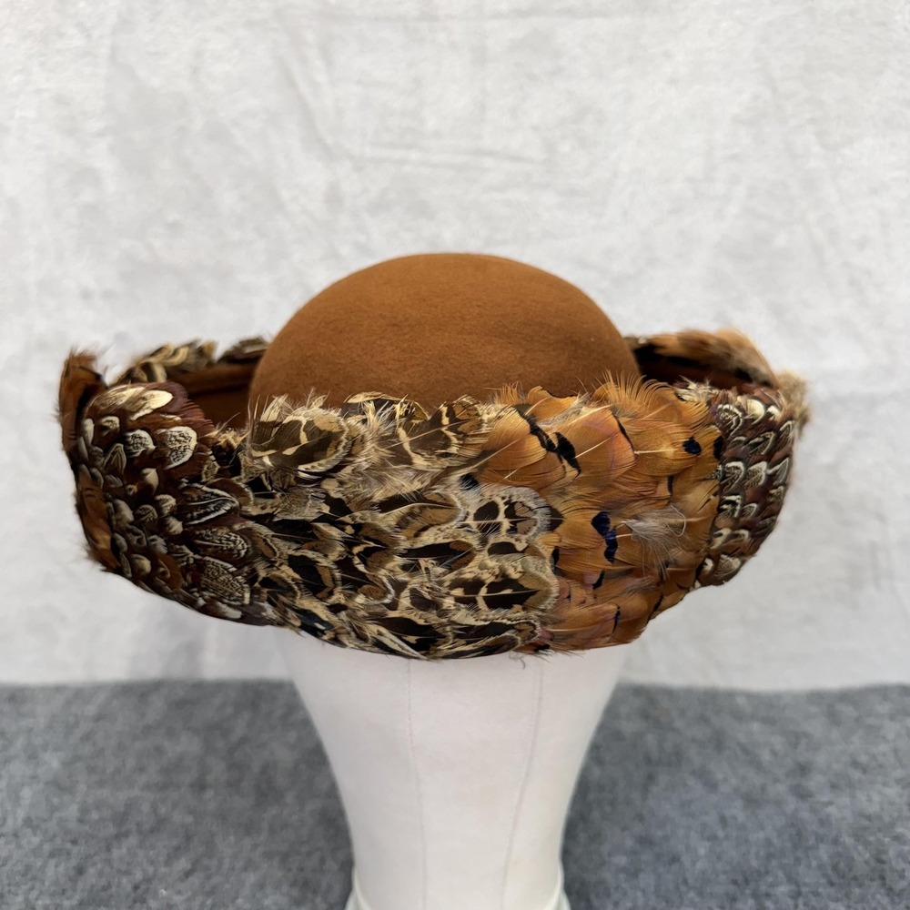 VTG Brown Wool Bowler Hat Womens One Size Feathered Trim Felt Derby Church